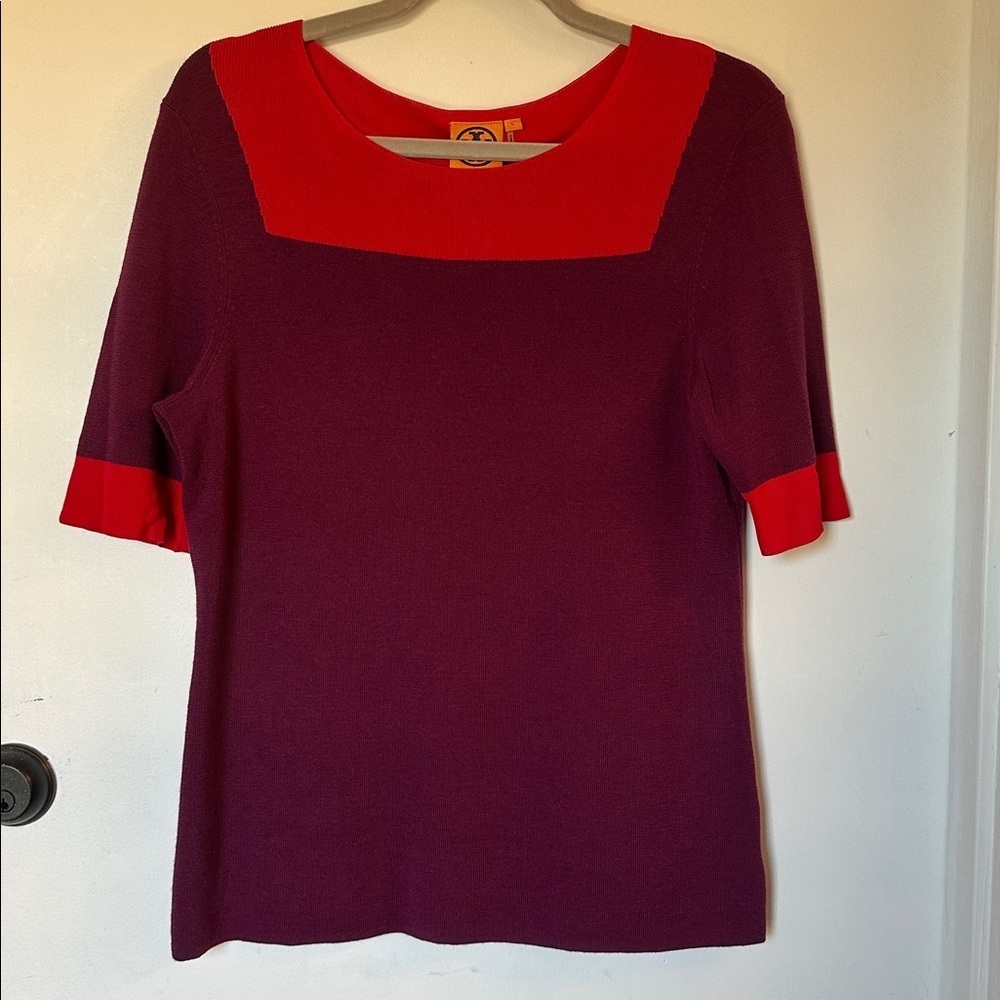 Tory Burch Juliet Wool Colorblock Short Sleeve Sweater large